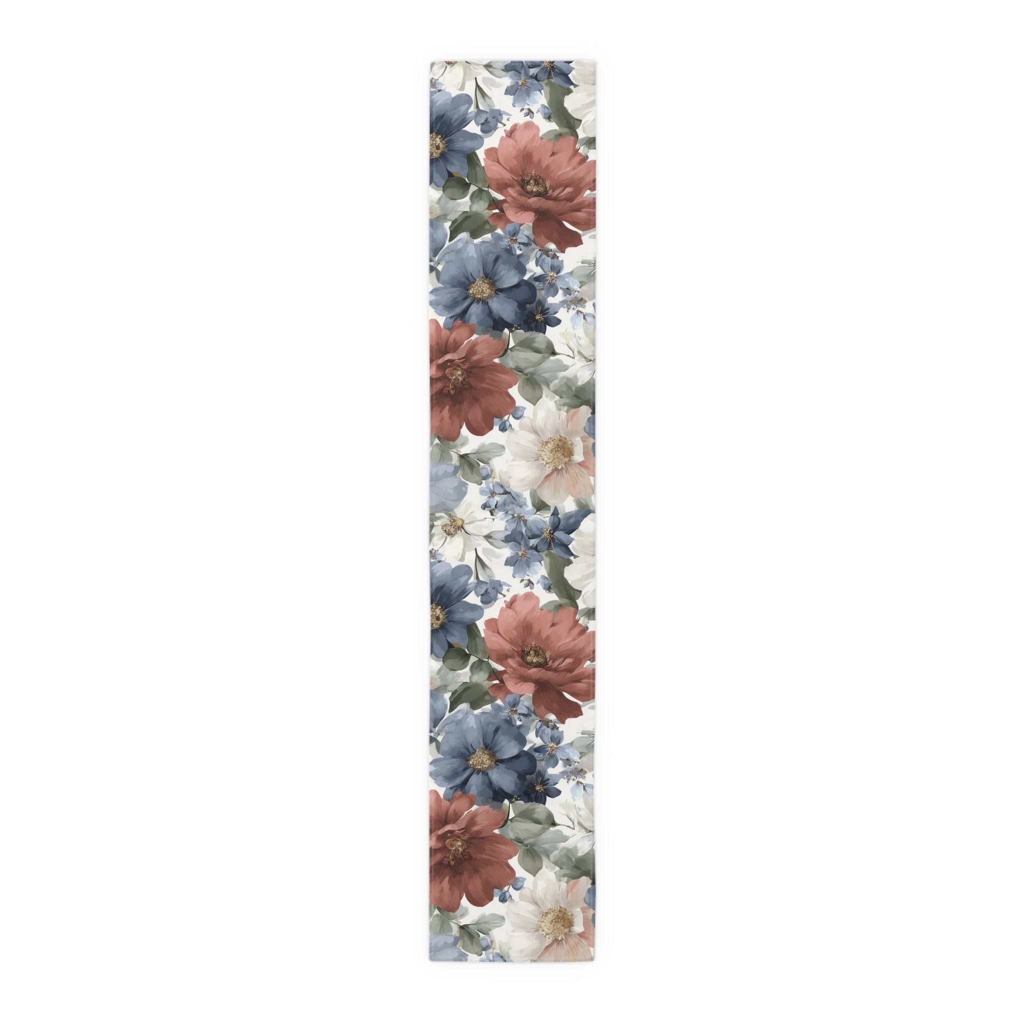 Floral Cotton-Poly Table Runner — Blue & Rust Watercolor Garden