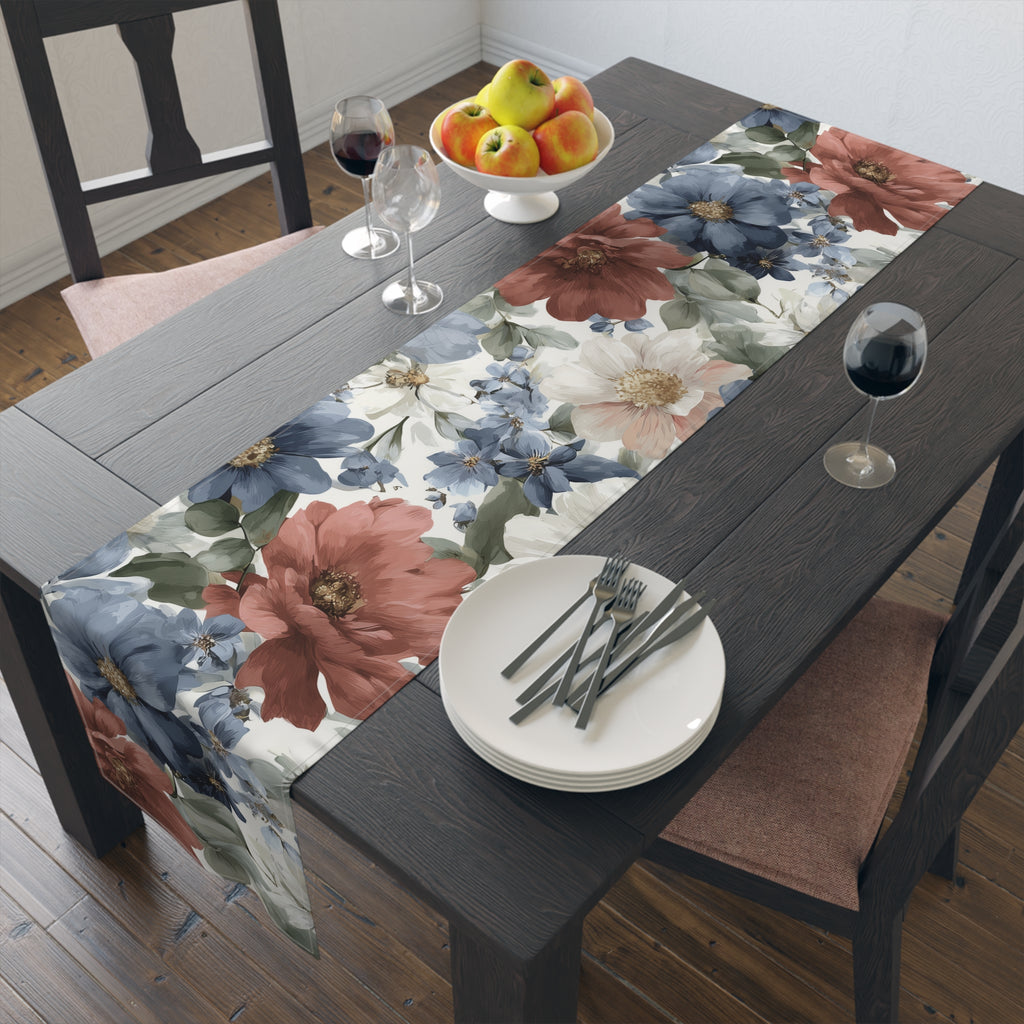 Floral Cotton-Poly Table Runner — Blue & Rust Watercolor Garden