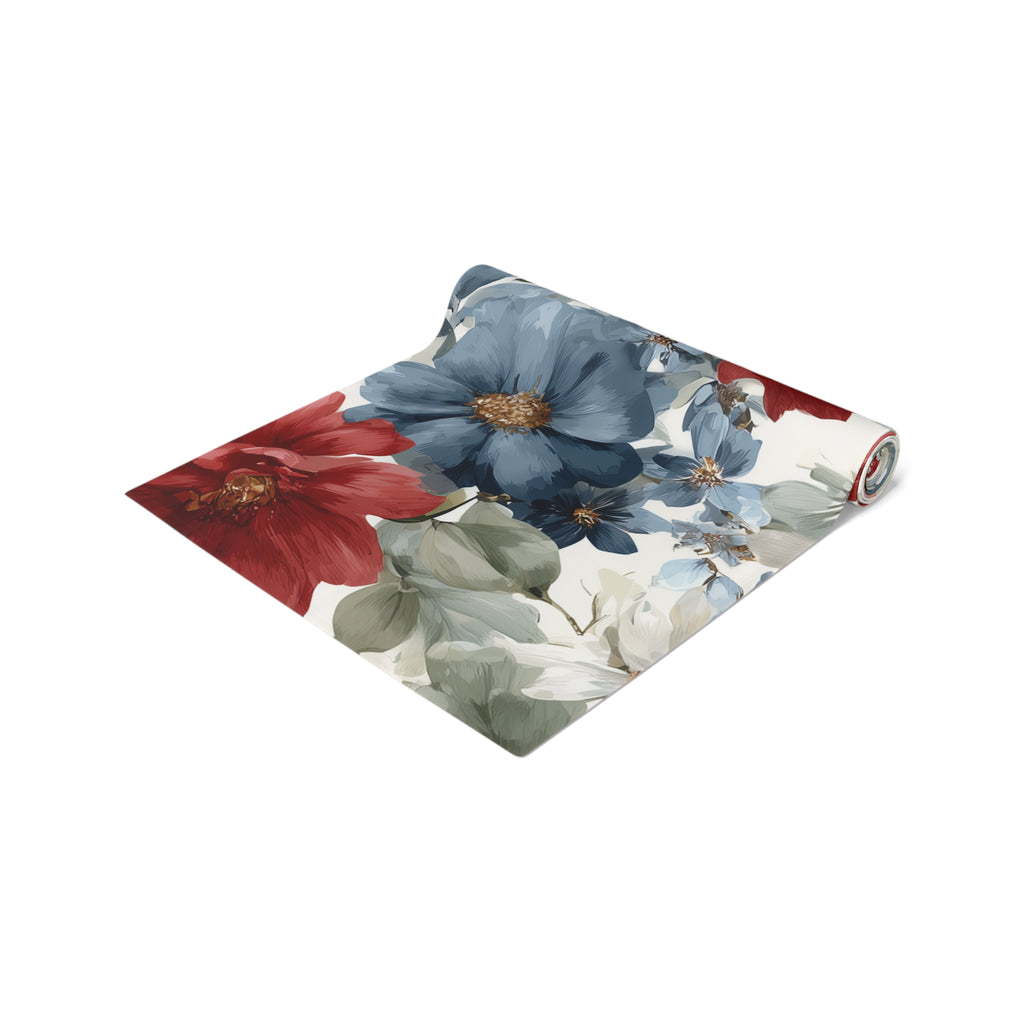 Floral Cotton-Poly Table Runner — Blue & Rust Watercolor Garden