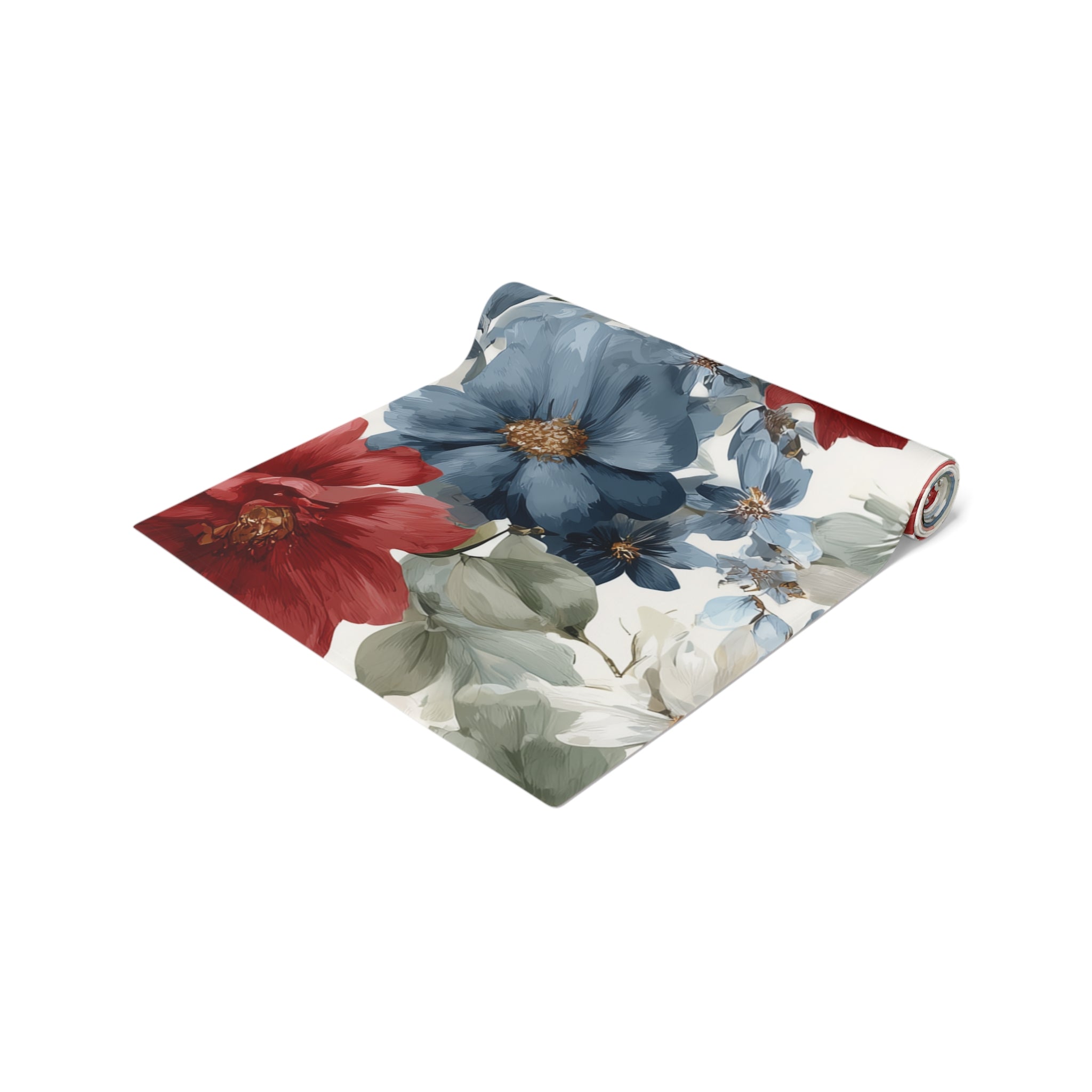 Floral Cotton-Poly Table Runner — Blue & Rust Watercolor Garden