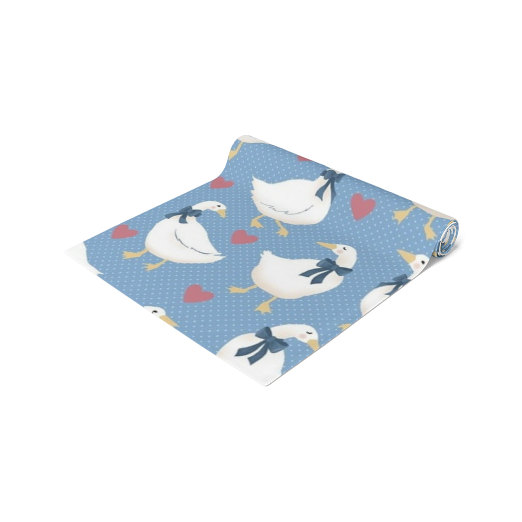 Goose Pattern Table Runner — Blue Cotton-Poly Dining Runner with Cute Hearts
