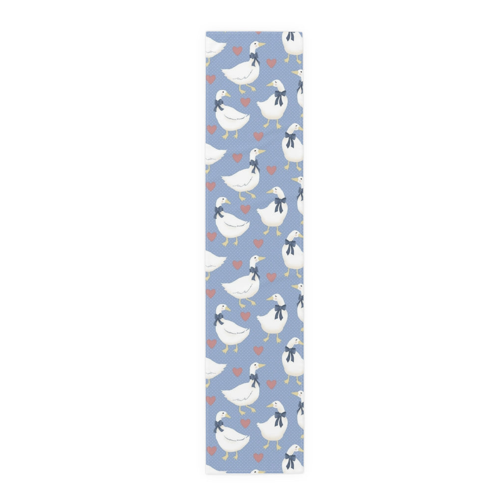 Goose Pattern Table Runner — Blue Cotton-Poly Dining Runner with Cute Hearts