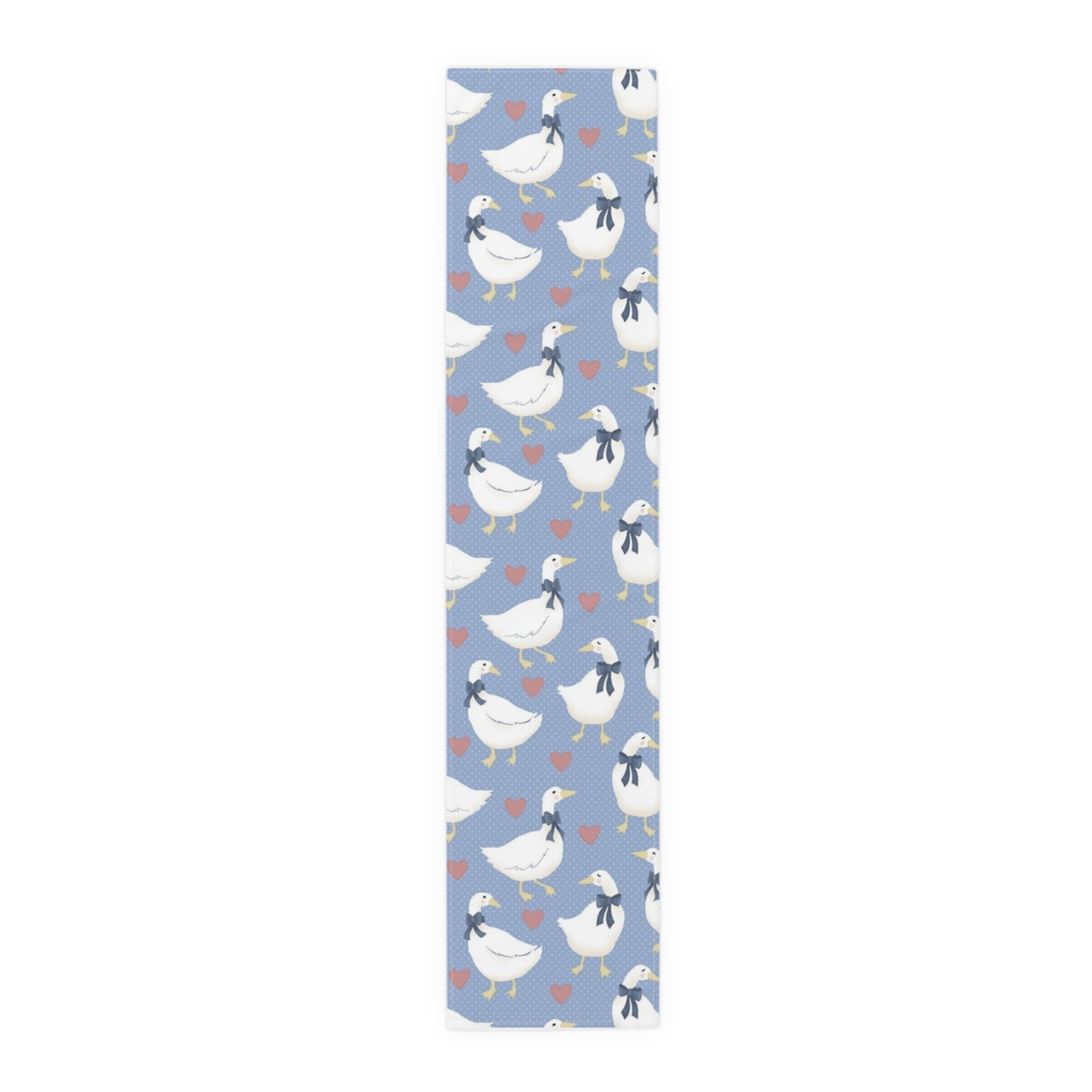 Goose Pattern Table Runner — Blue Cotton-Poly Dining Runner with Cute Hearts