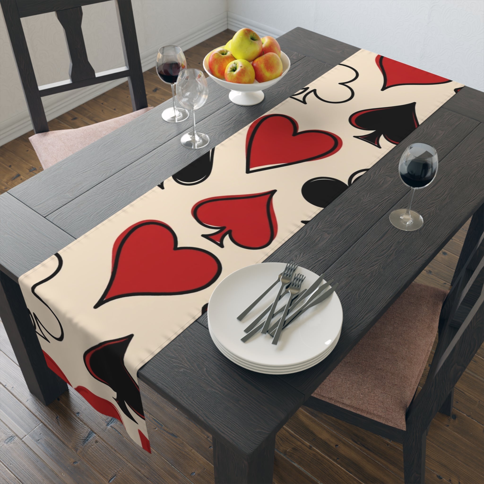 Card Suits Table Runner — Hearts & Spades Repeating Pattern Cotton-Poly Runner