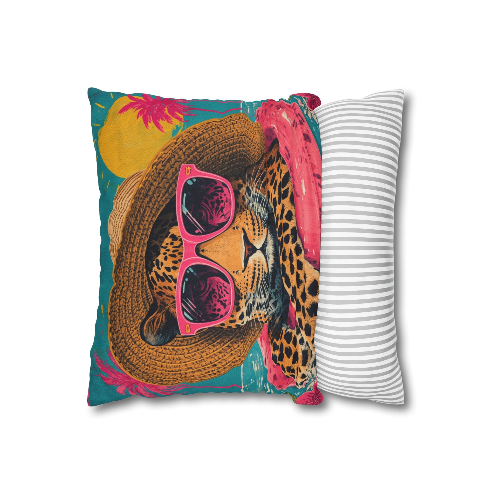 Tropical Leopard Throw Pillow — Summer Safari Decorative Pillowcase with Sunglasses & Straw Hat