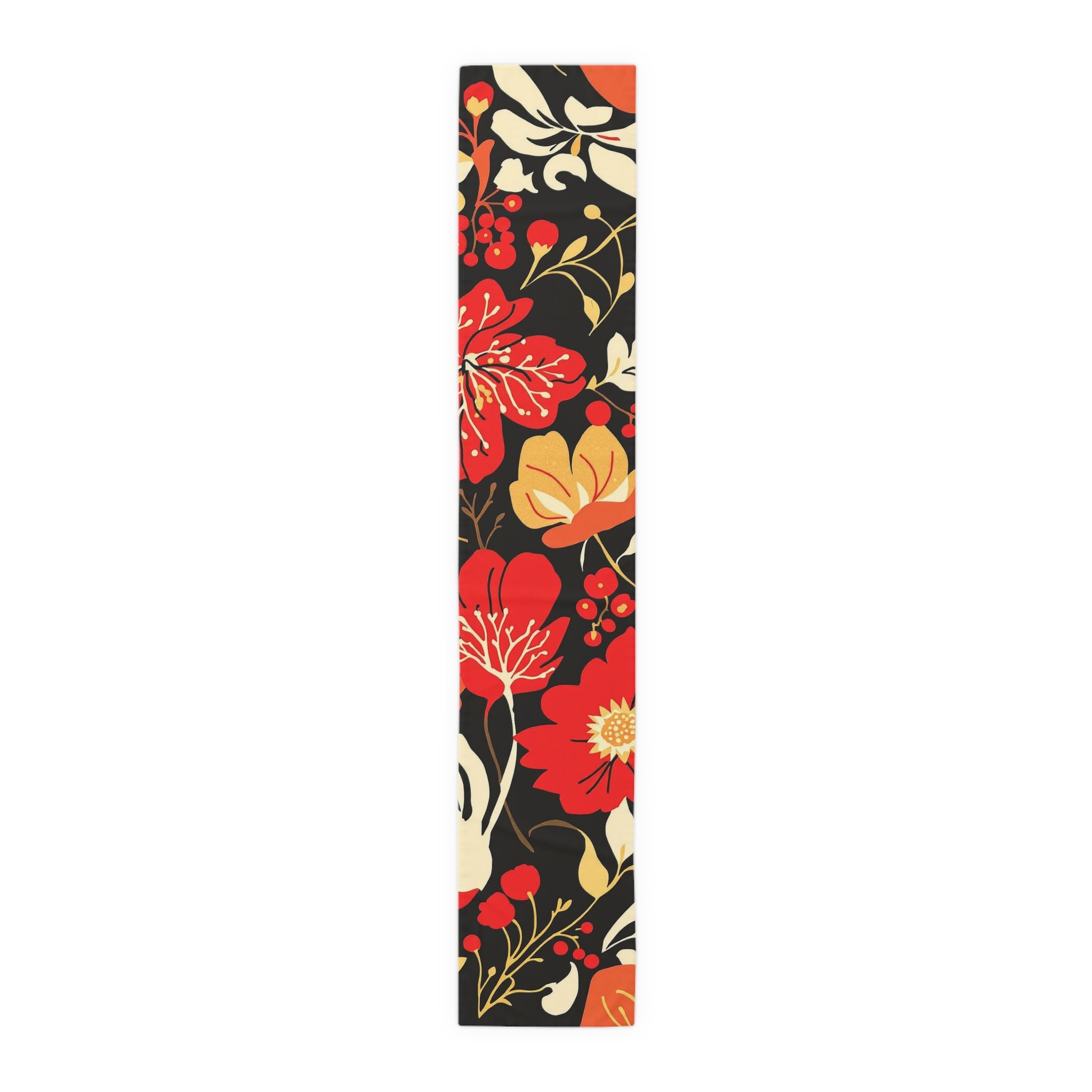Floral Black & Coral Table Runner — Vintage Garden Cotton-Blend Decor 16x90