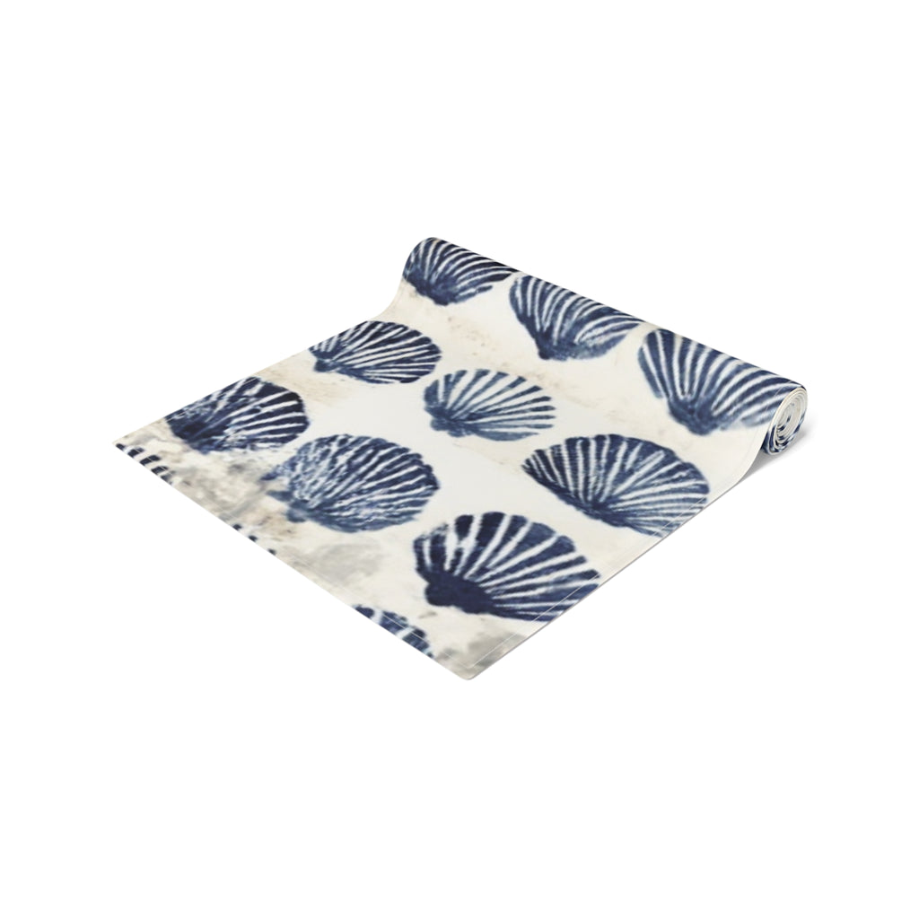 Coastal Navy Shell Table Runner – Blue Seashell Cotton-Poly Dining Decor