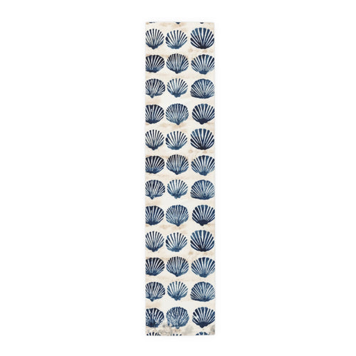 Coastal Navy Shell Table Runner – Blue Seashell Cotton-Poly Dining Decor
