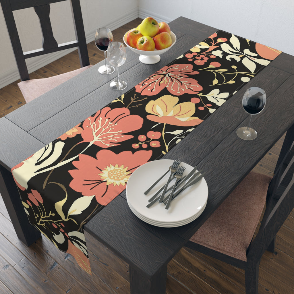 Floral Noir Table Runner — Coral & Cream Garden Pattern 16x72