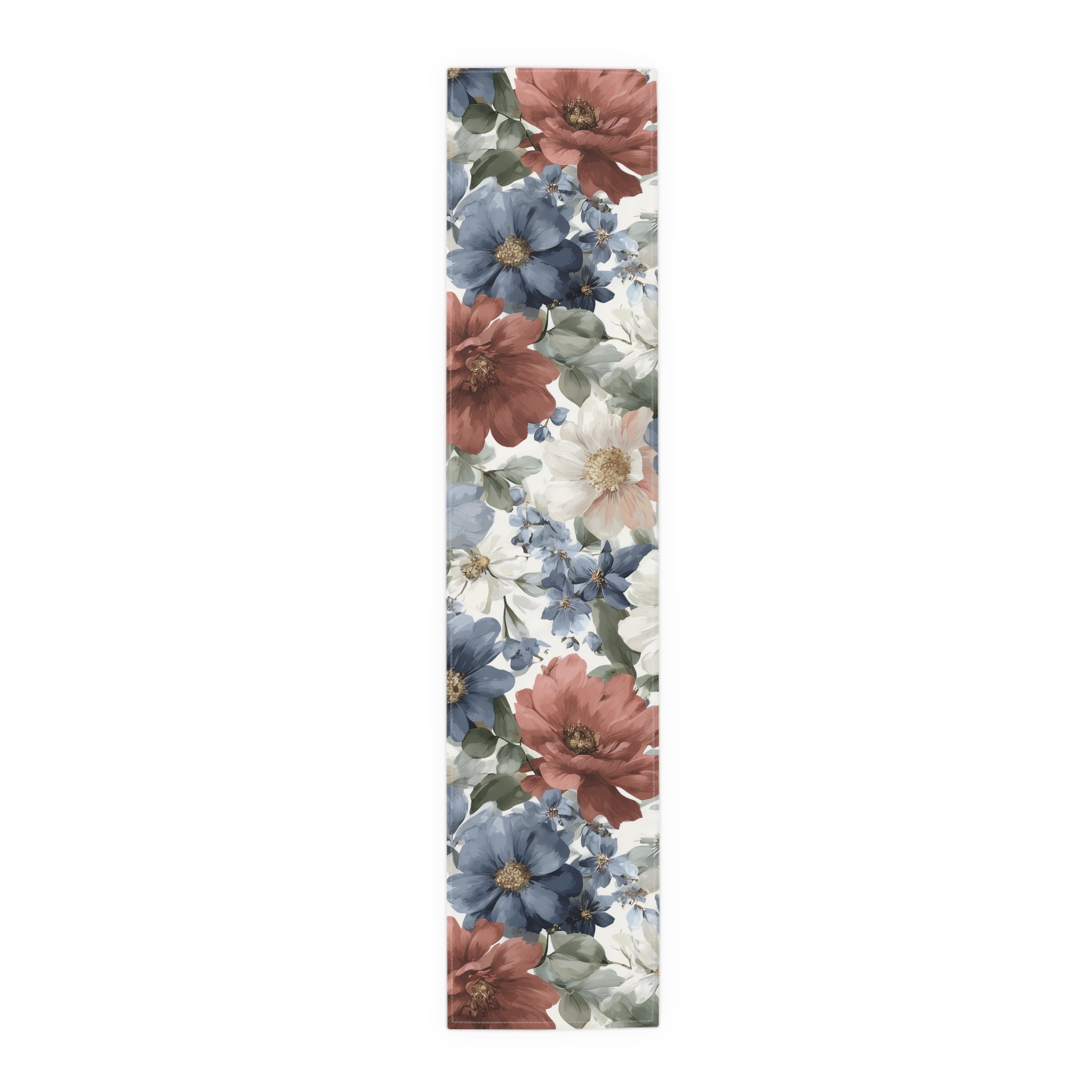Floral Cotton-Poly Table Runner — Blue & Rust Watercolor Garden
