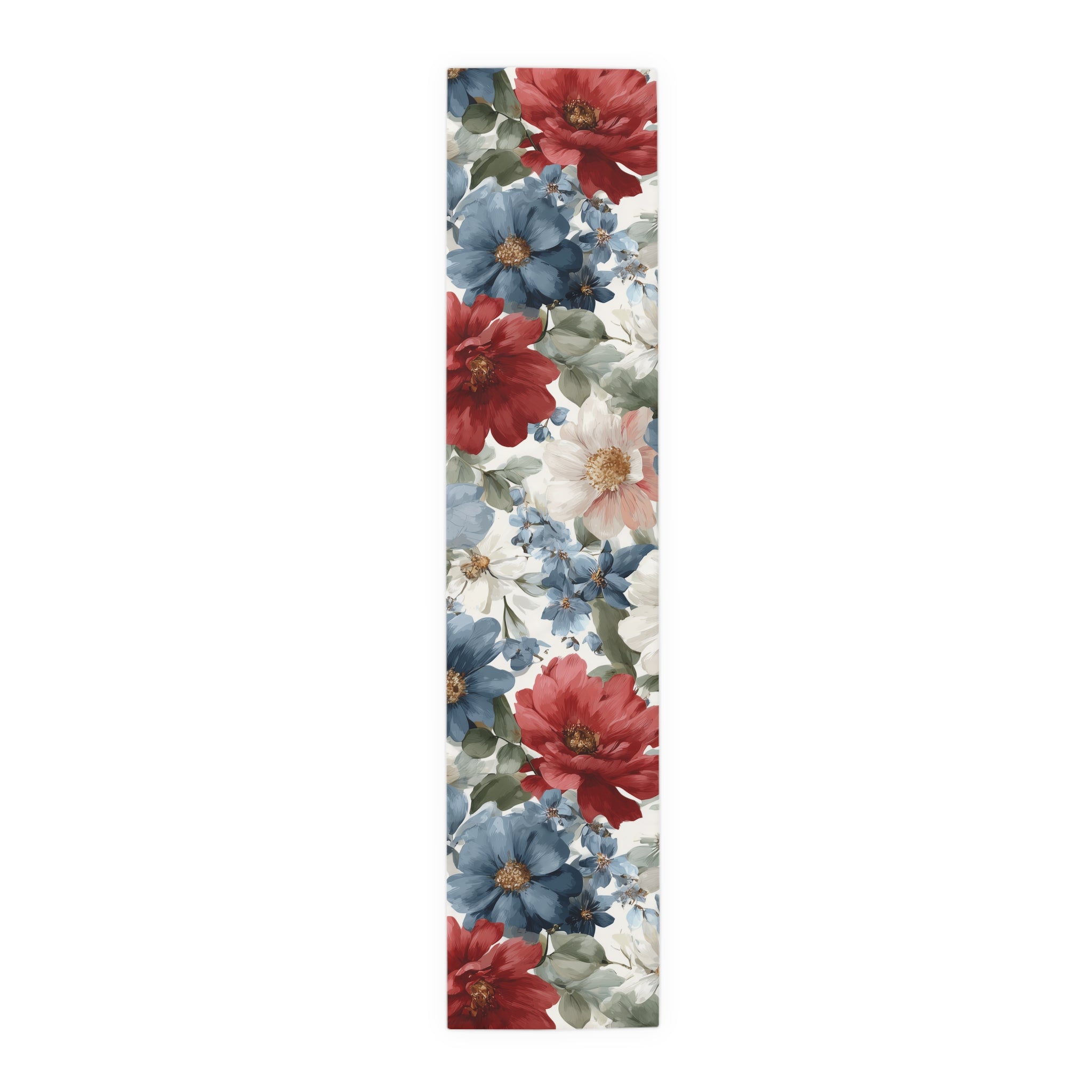 Floral Cotton-Poly Table Runner — Blue & Rust Watercolor Garden
