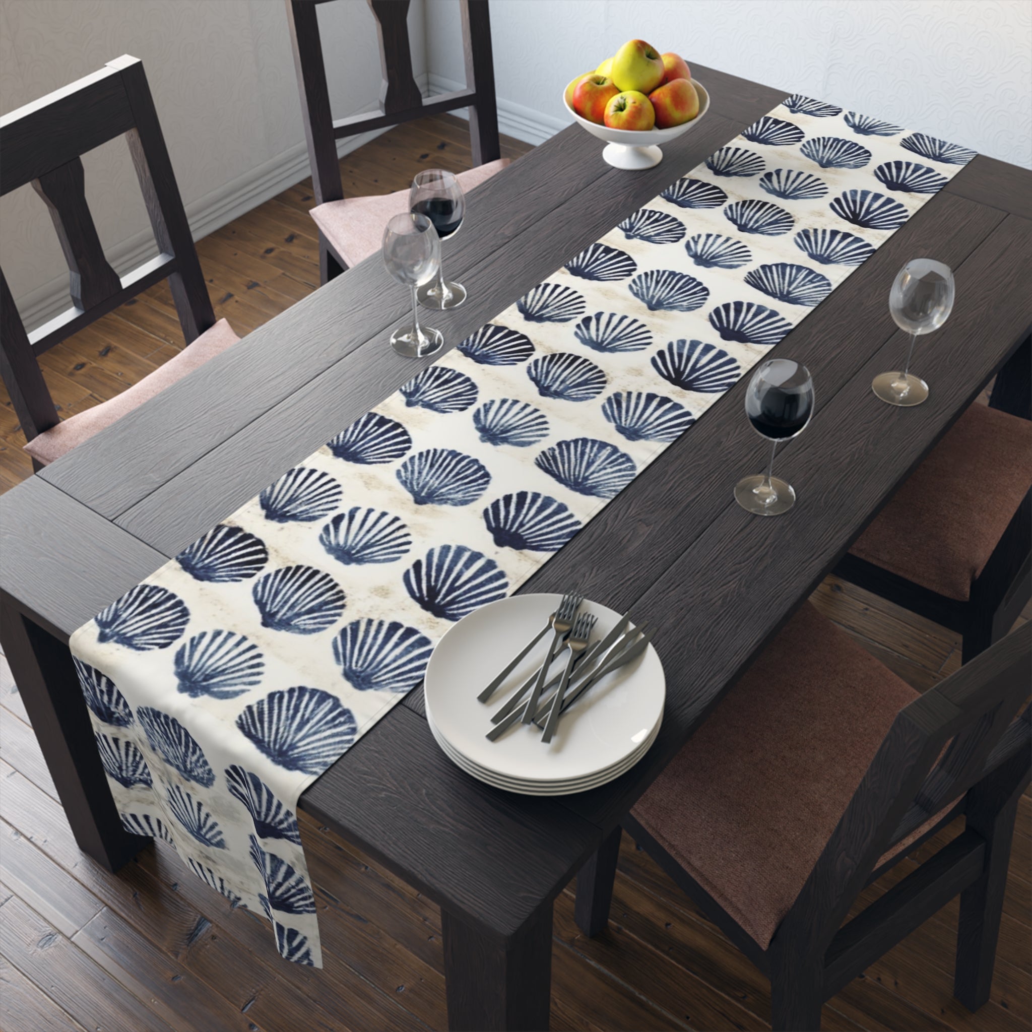 Coastal Navy Shell Table Runner – Blue Seashell Cotton-Poly Dining Decor