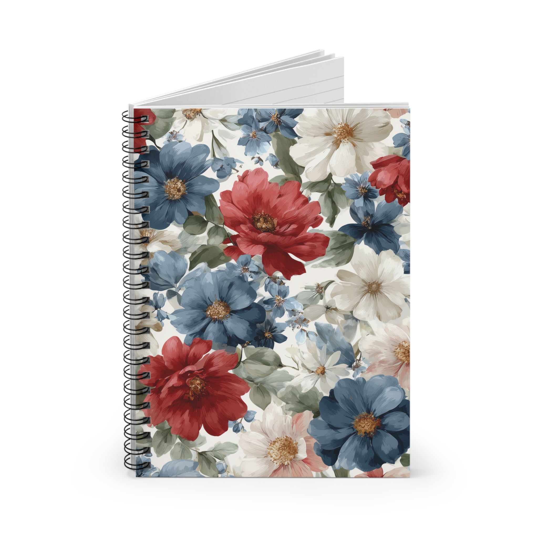 Floral Watercolor Spiral Notebook — Red, Blue & White Garden Blooms (Ruled)
