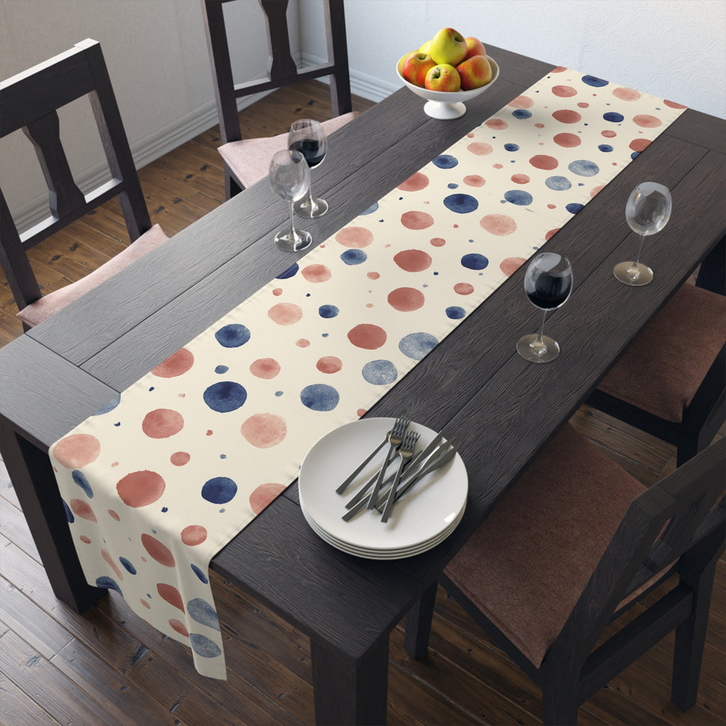 Watercolor Dot Table Runner — Neutral Blush & Navy Cotton-Poly Table Decor