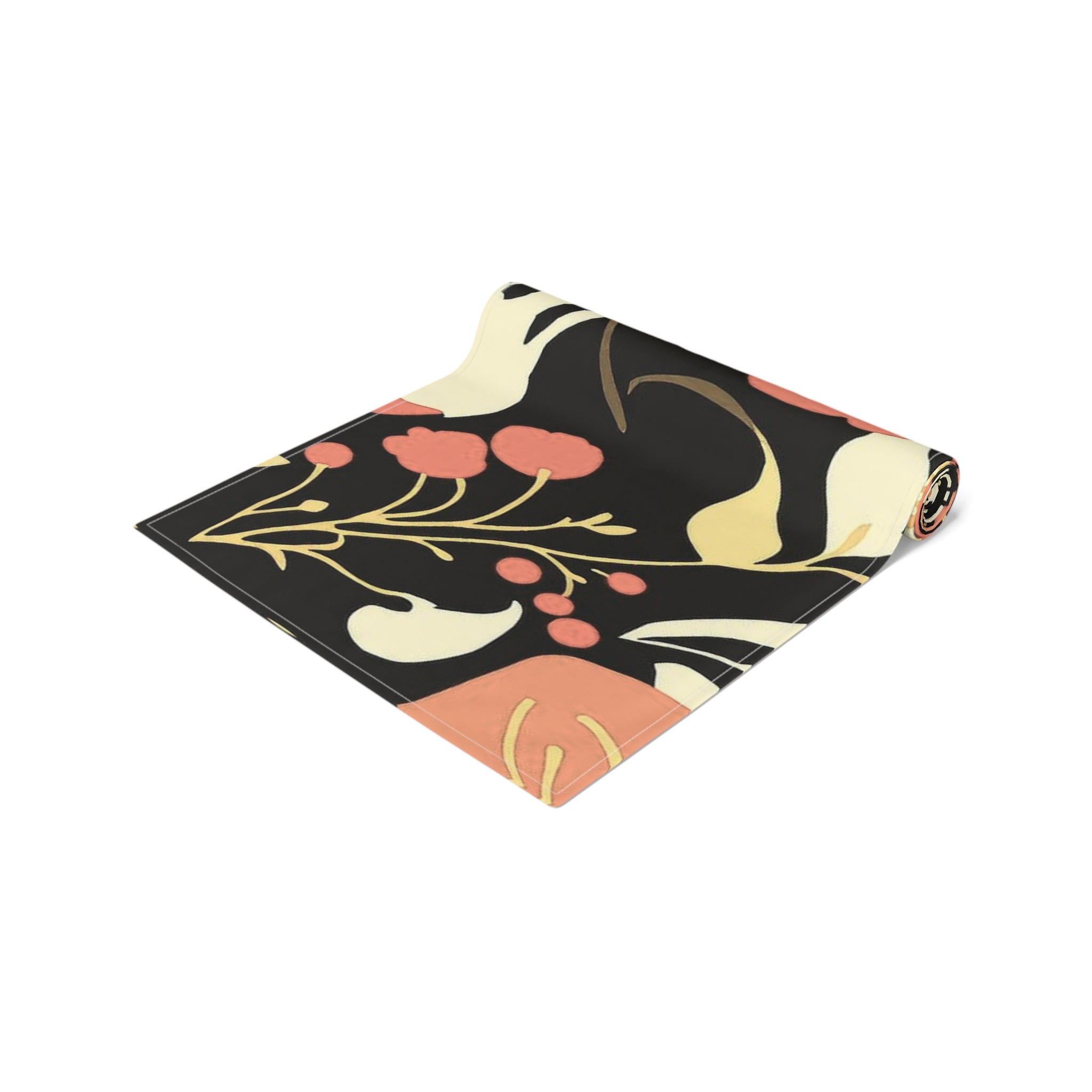 Floral Black & Coral Table Runner — Vintage Garden Cotton-Blend Decor 16x90