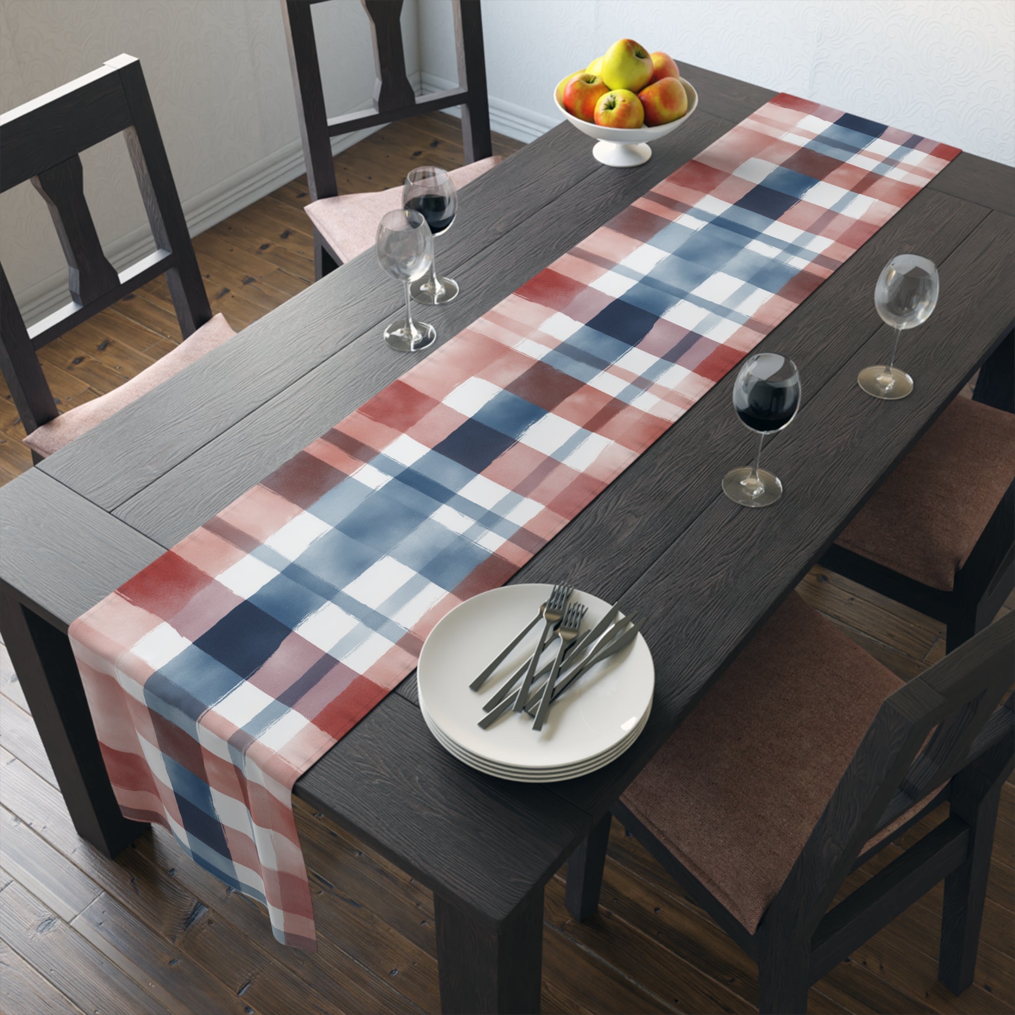 Plaid Watercolor Table Runner — Blue & Blush Cotton-Poly Decor