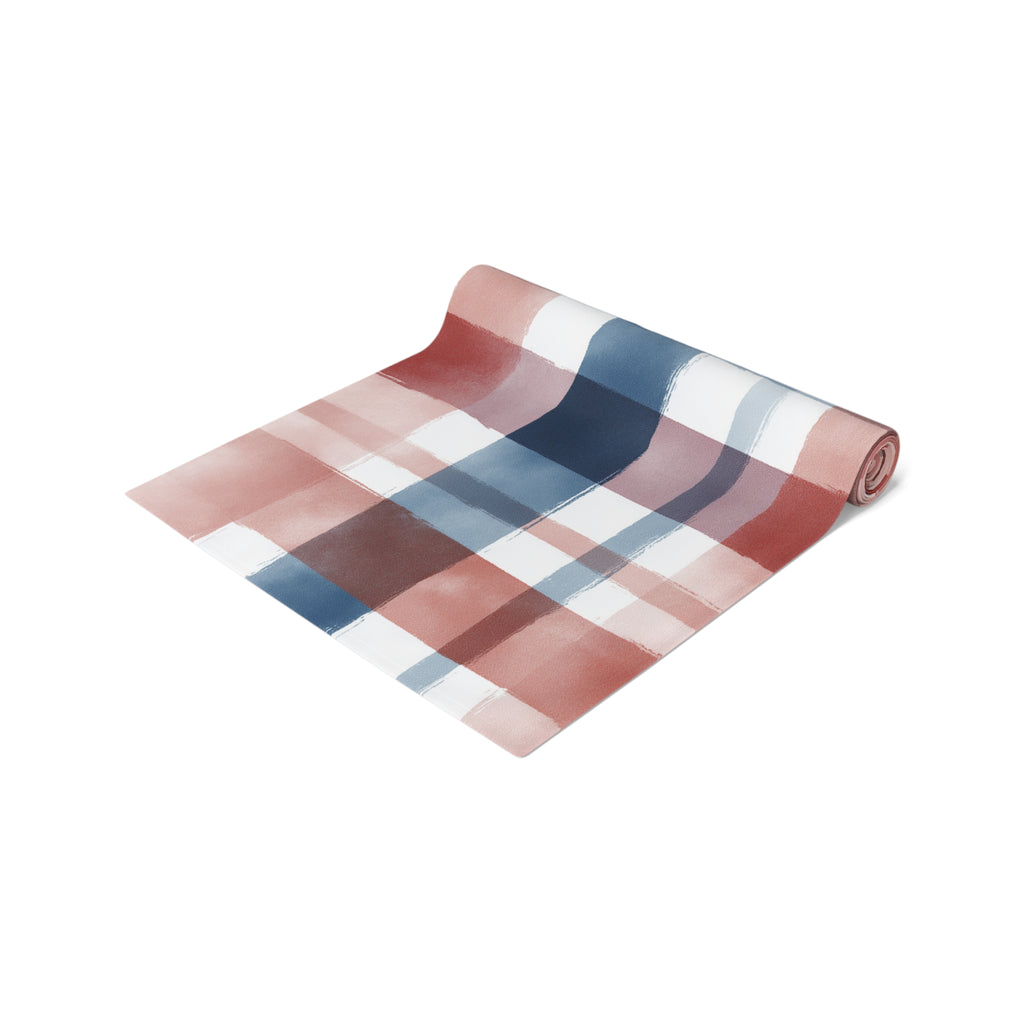 Plaid Watercolor Table Runner — Blue & Blush Cotton-Poly Decor