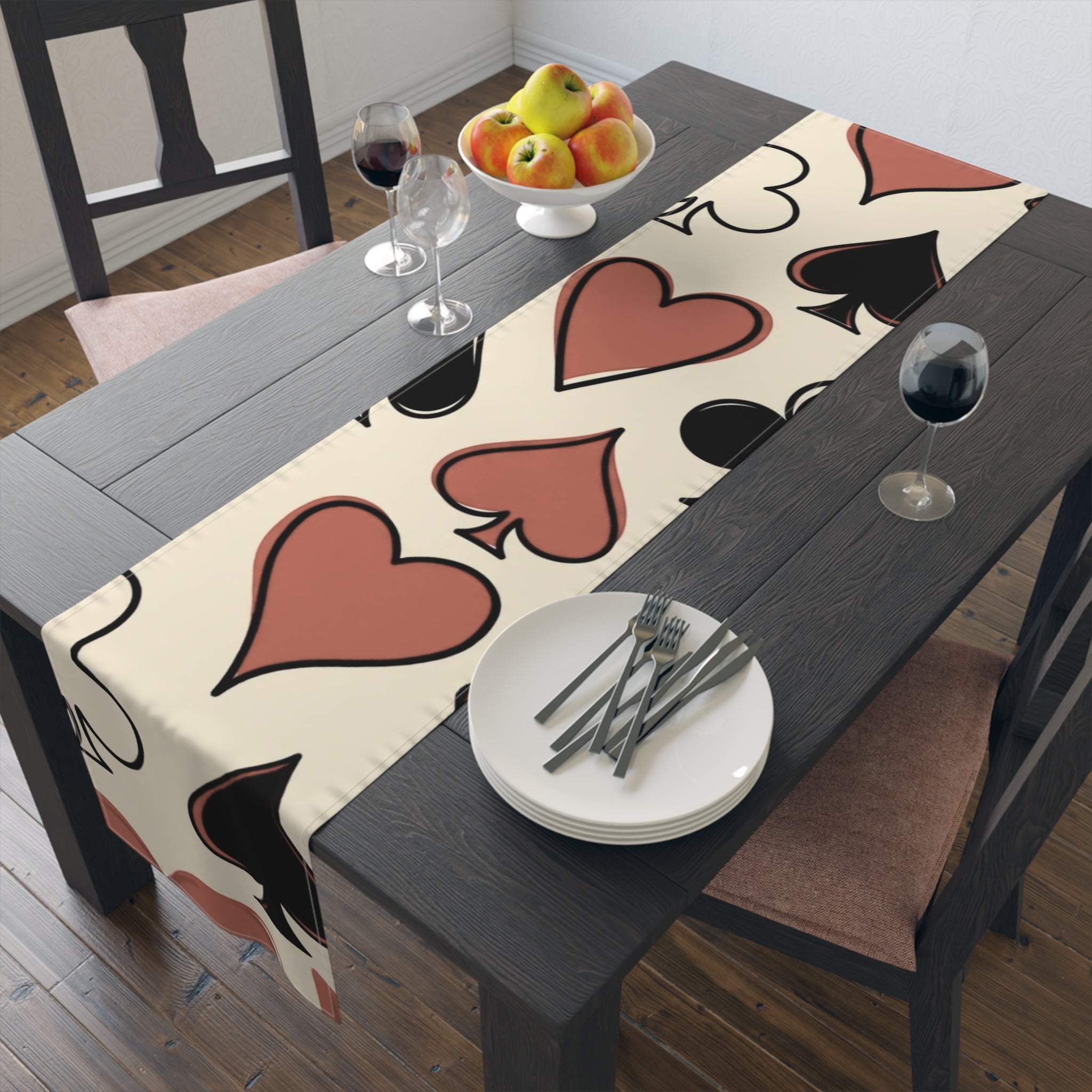 Card Suits Table Runner — Hearts & Spades Repeating Pattern Cotton-Poly Runner