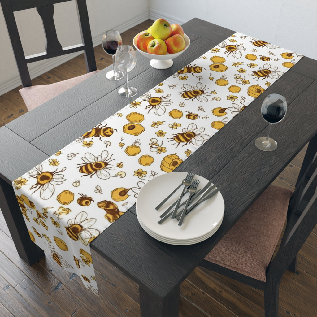 Bee & Honey Floral Table Runner — Yellow Bee Pattern Cotton-Poly Home Decor