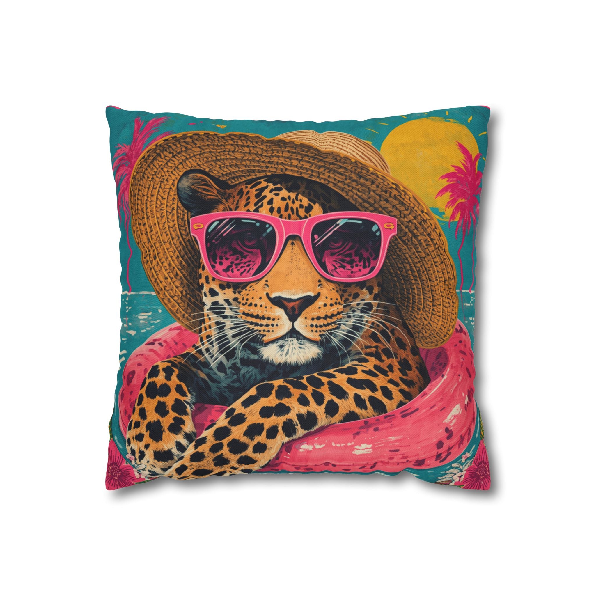 Tropical Leopard Throw Pillow — Summer Safari Decorative Pillowcase with Sunglasses & Straw Hat