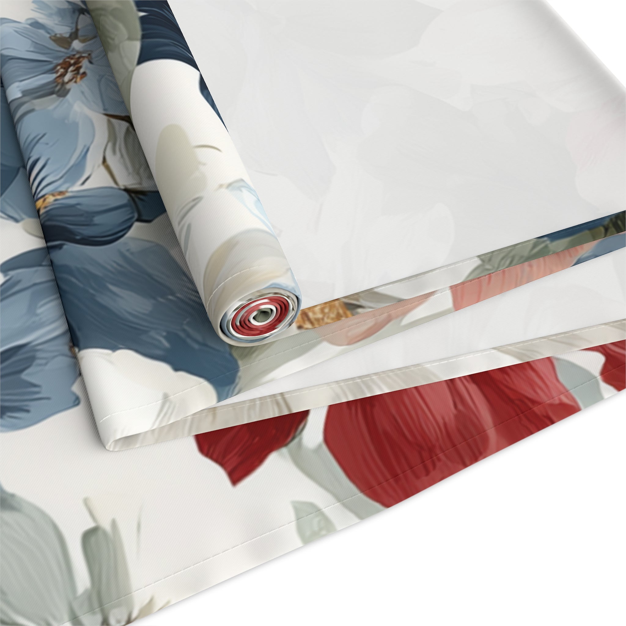 Floral Cotton-Poly Table Runner — Blue & Rust Watercolor Garden