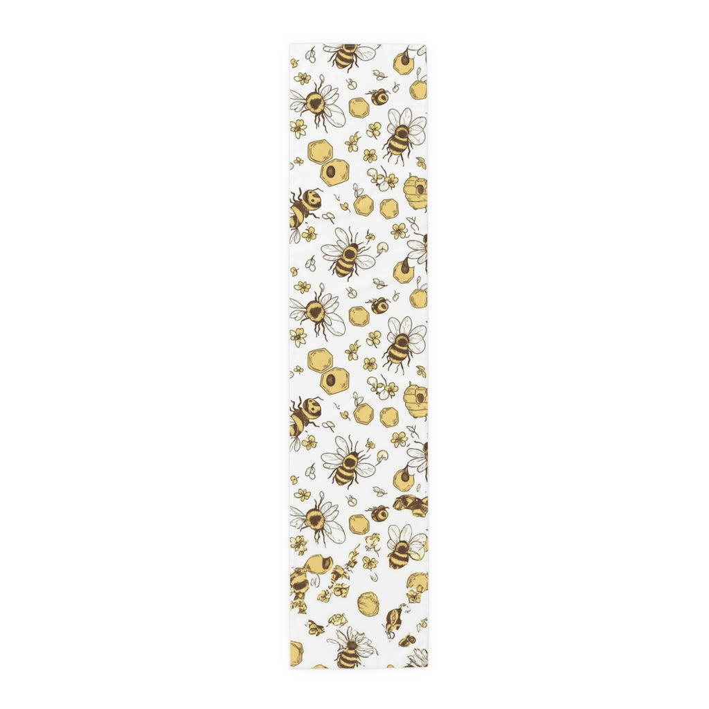 Bee & Honey Floral Table Runner — Yellow Bee Pattern Cotton-Poly Home Decor