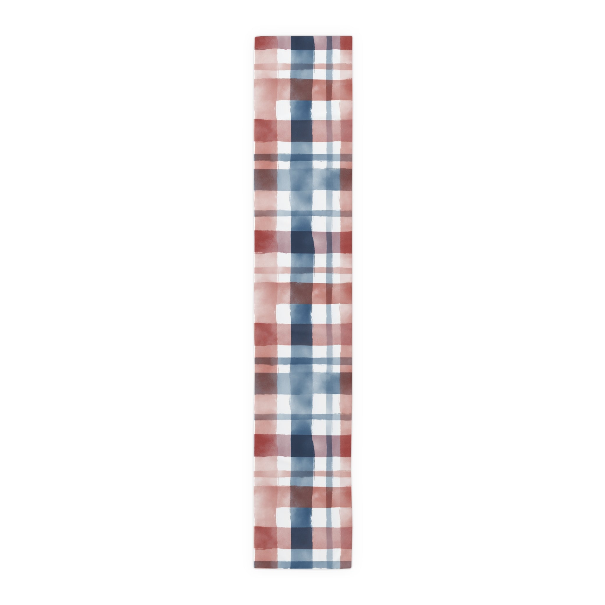 Plaid Watercolor Table Runner — Blue & Blush Cotton-Poly Decor
