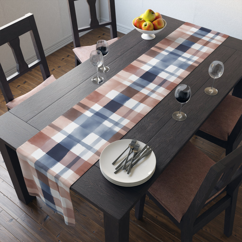 Plaid Watercolor Table Runner — Blue & Blush Cotton-Poly Decor