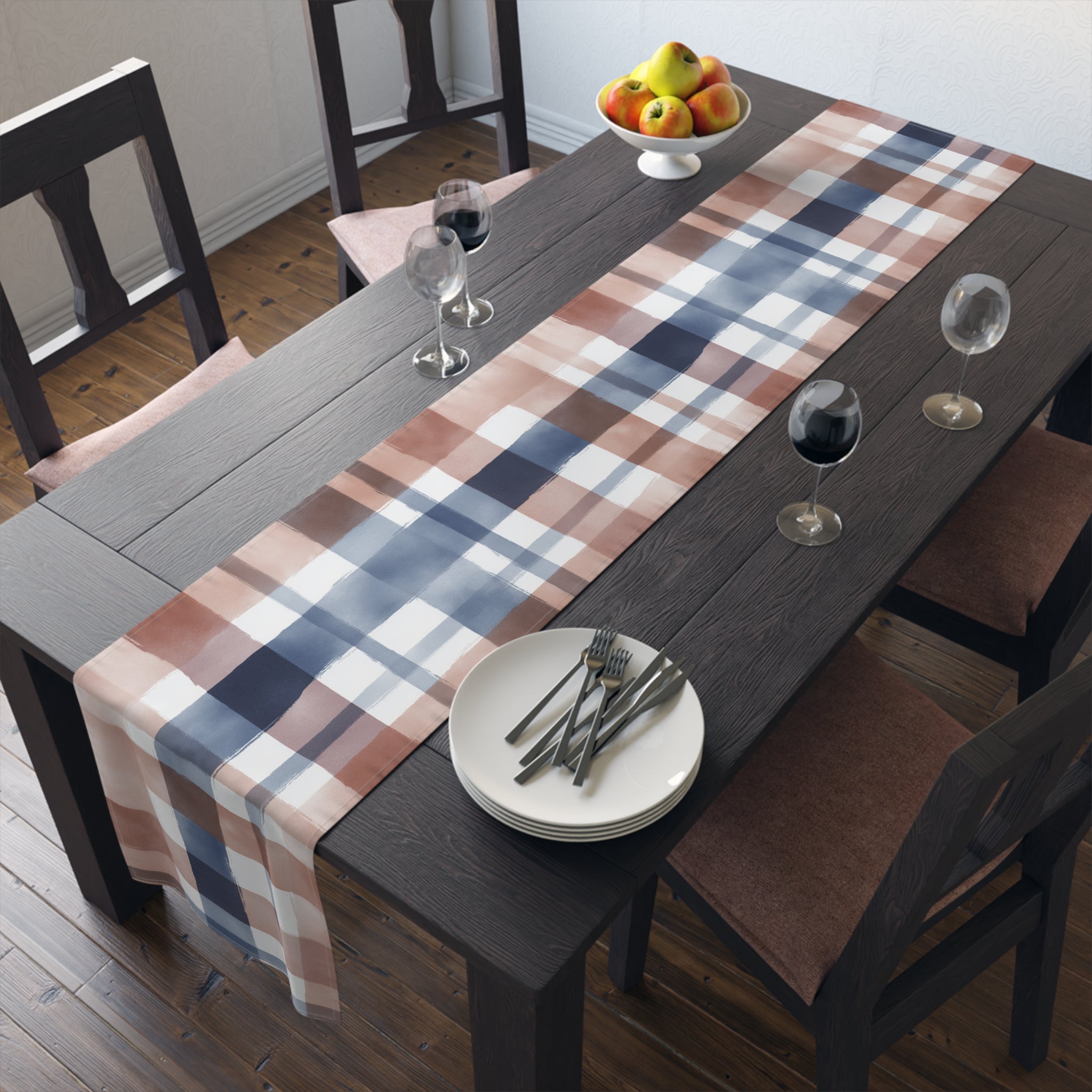 Plaid Watercolor Table Runner — Blue & Blush Cotton-Poly Decor