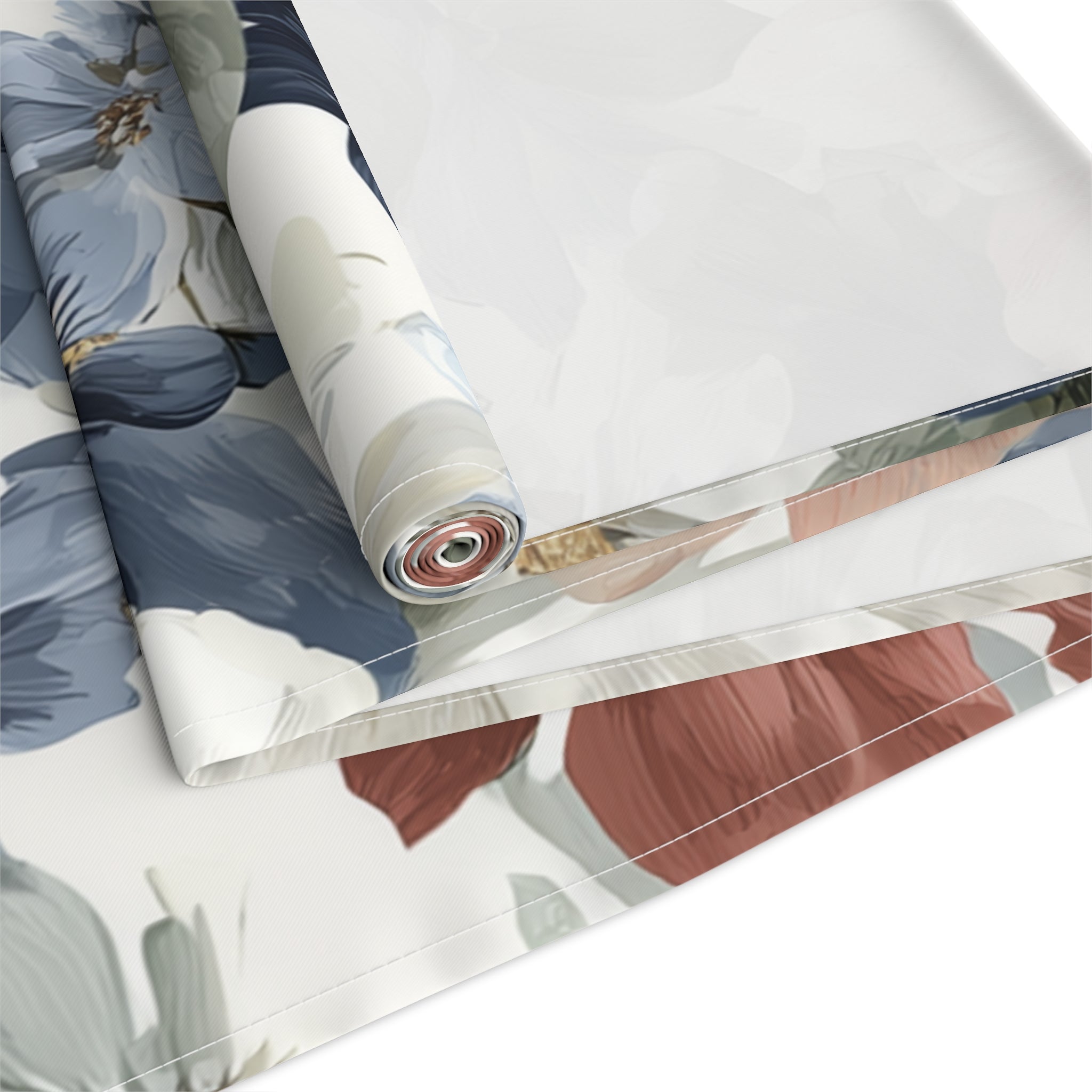 Floral Cotton-Poly Table Runner — Blue & Rust Watercolor Garden