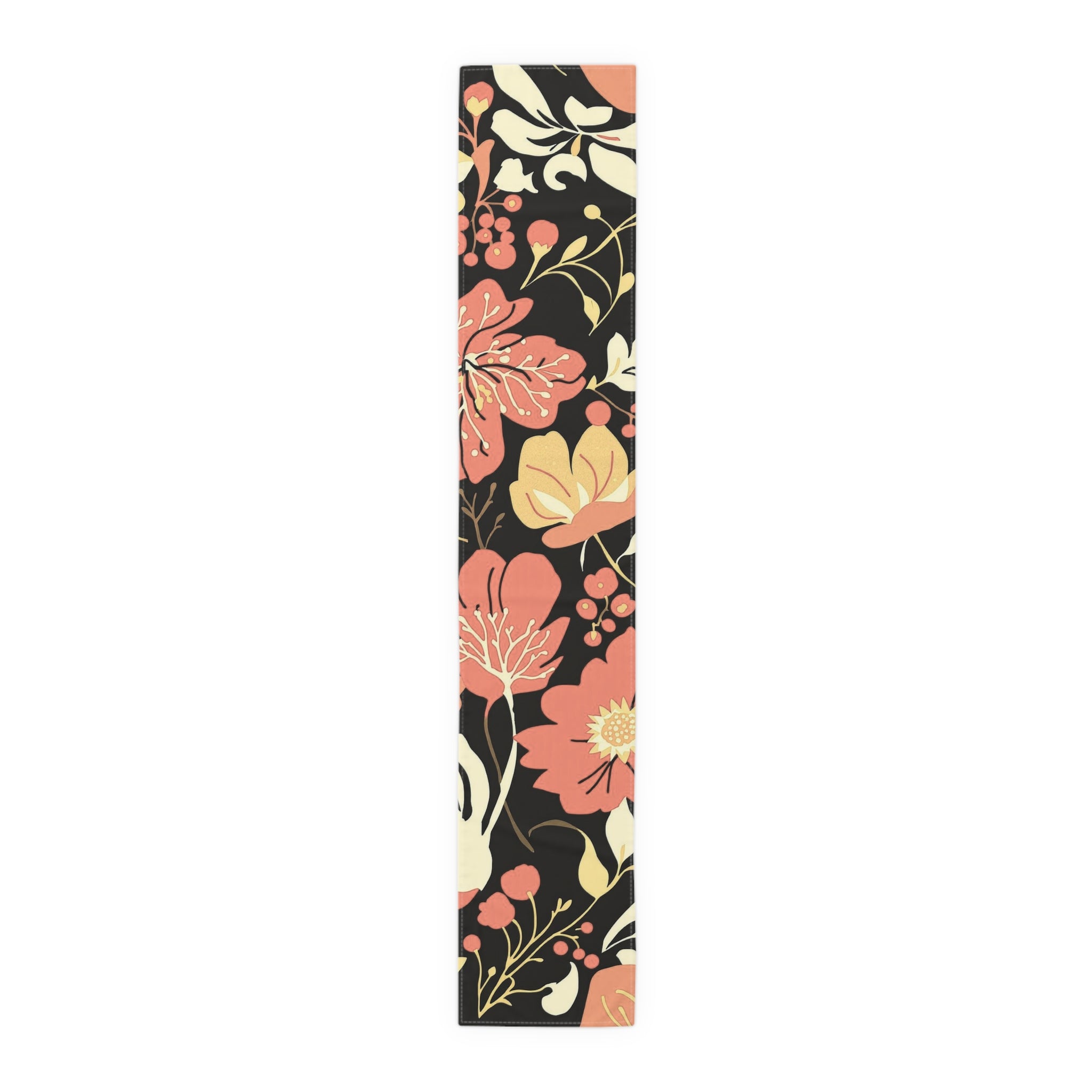 Floral Black & Coral Table Runner — Vintage Garden Cotton-Blend Decor 16x90