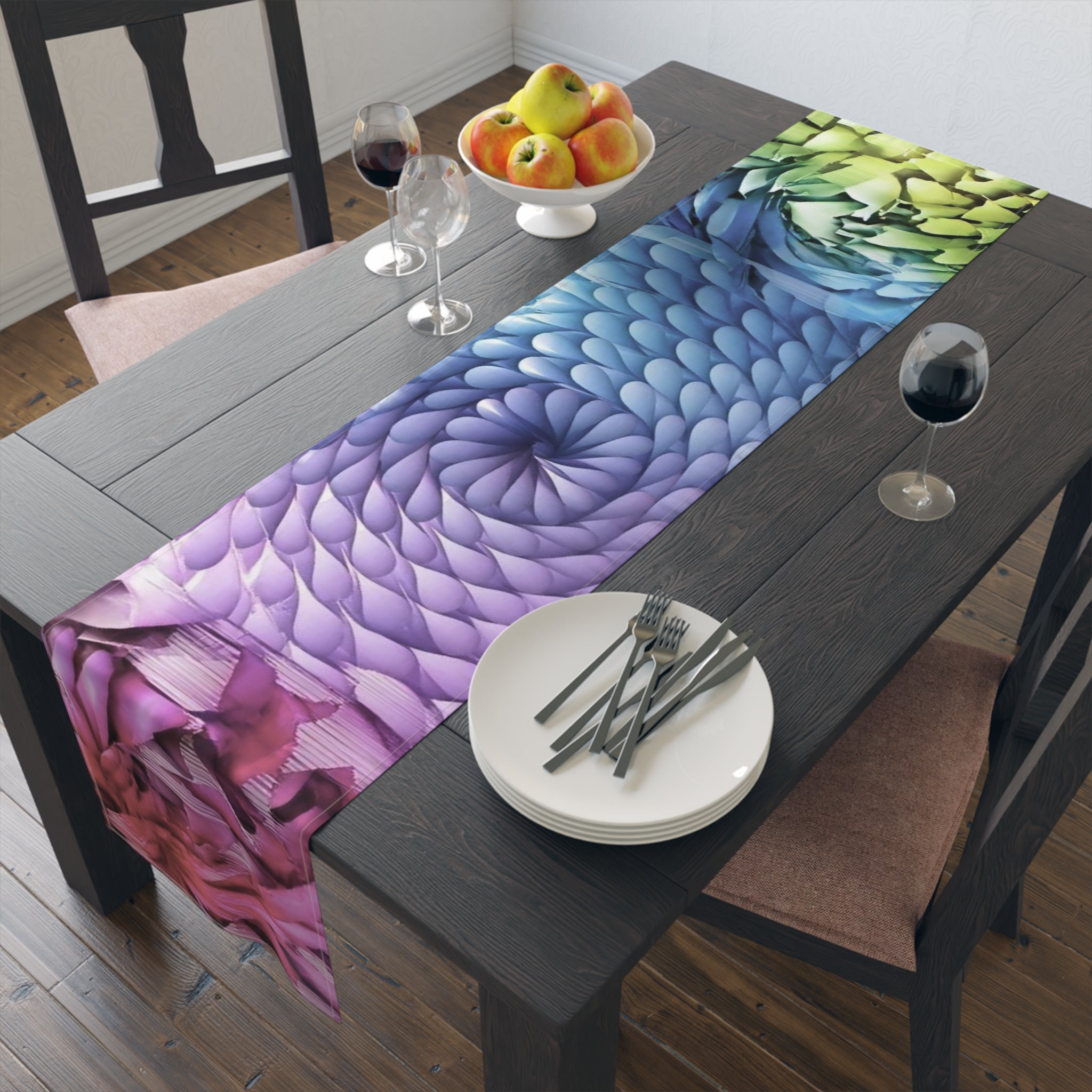 Color Burst Floral Table Runner — Rainbow Spiral Cotton-Blend Dining Decor