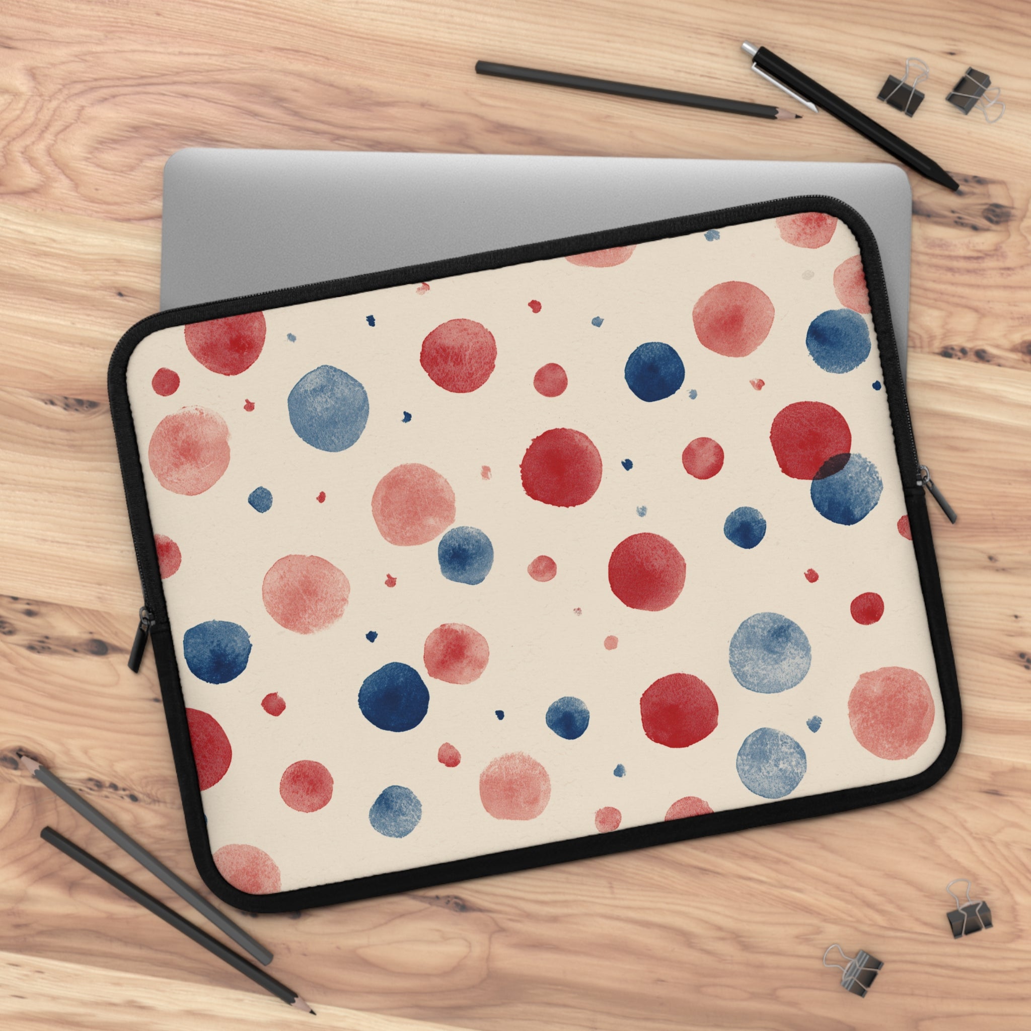 Watercolor Polka Dot Laptop Sleeve – Red & Blue Dots on Cream