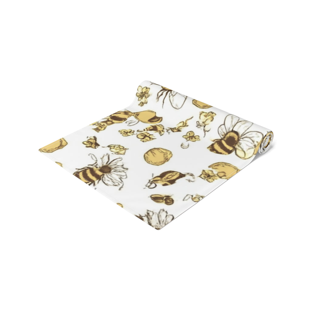 Bee & Honey Floral Table Runner — Yellow Bee Pattern Cotton-Poly Home Decor