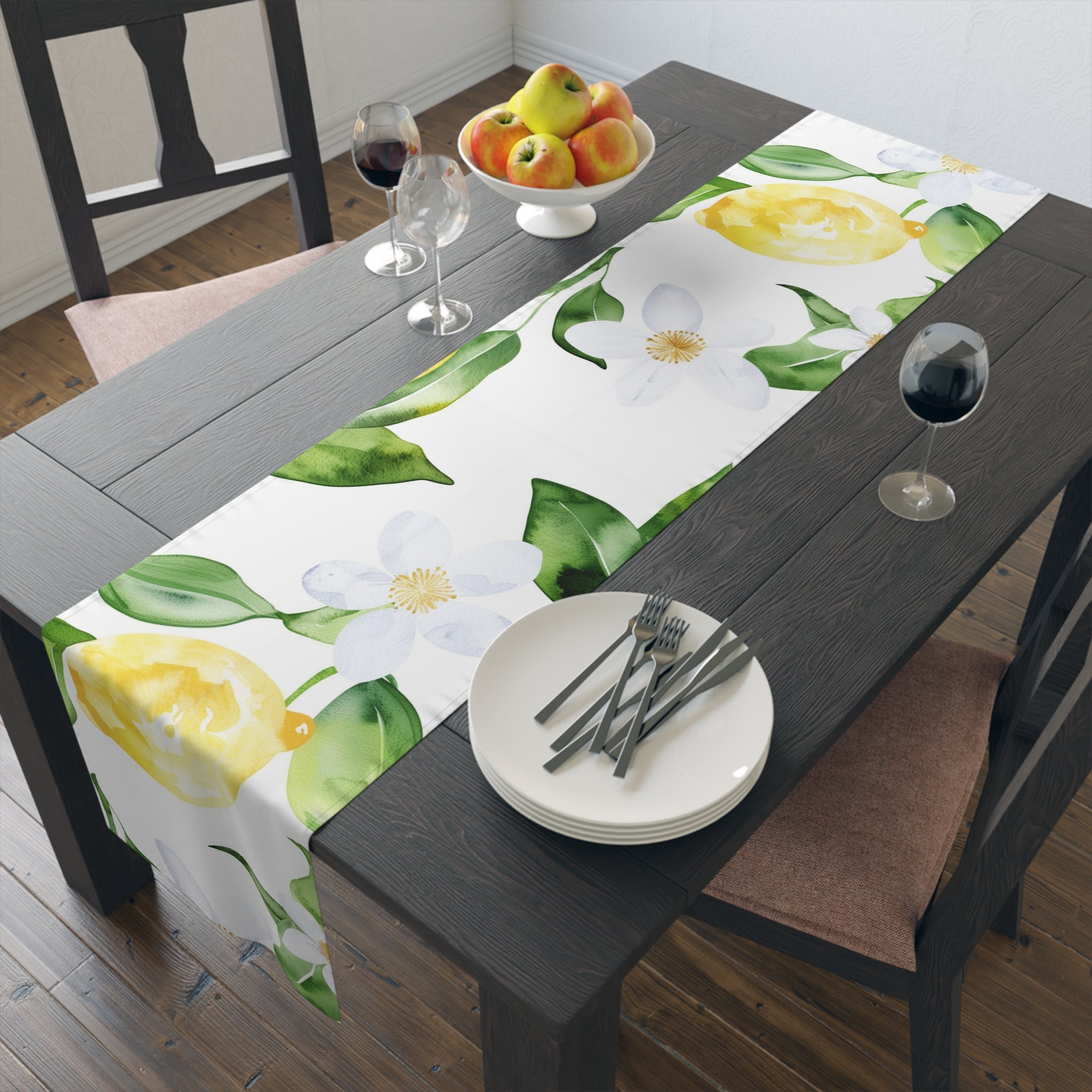 Lemon Blossom Table Runner — Citrus Floral Cotton-Poly Decor