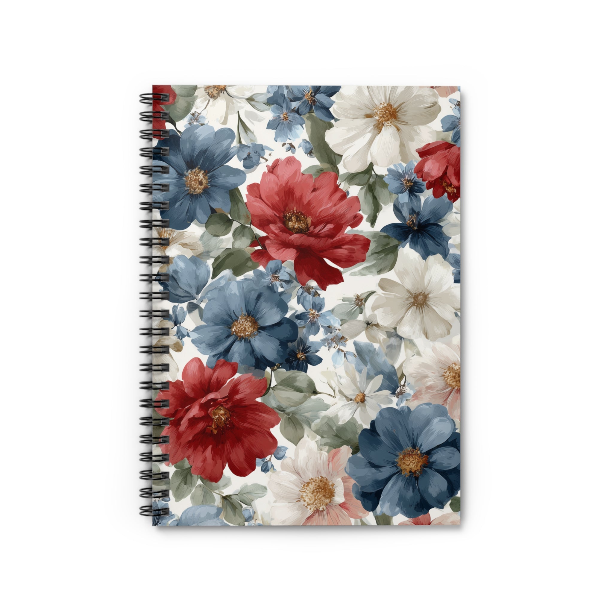Floral Watercolor Spiral Notebook — Red, Blue & White Garden Blooms (Ruled)